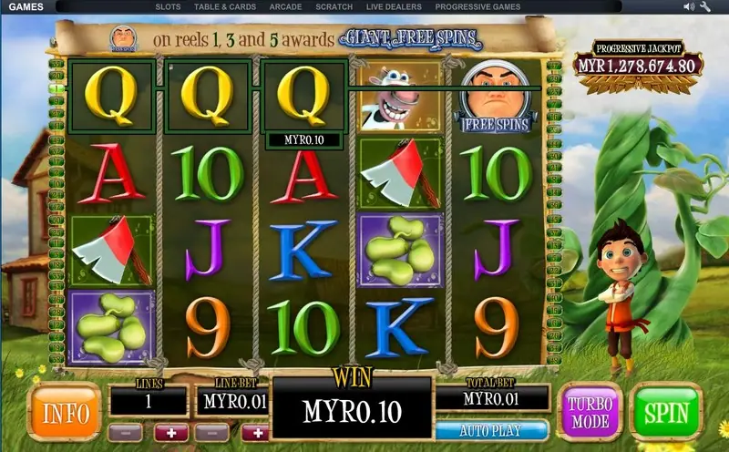 Three Qs on the top line paying MYR0.10 on a MYR0.01 bet, with a cow and the FREE SPINS giant on reels 4 and 5
