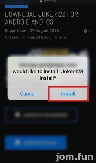 Safari prompt asking to install Joker123 Install, with the Install button outlined in red