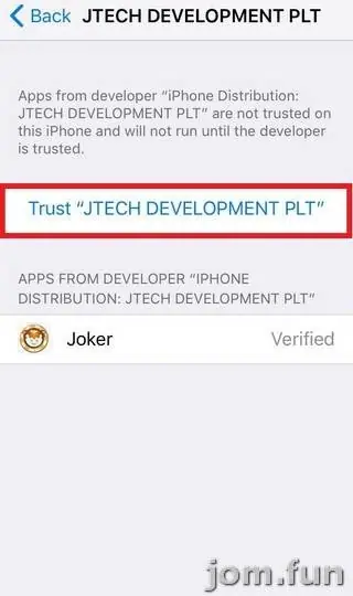 Developer page with a red-outlined Trust JTECH DEVELOPMENT PLT link and the Joker app listed below as Verified