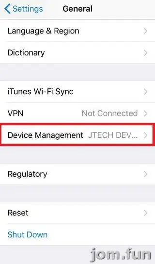 General settings list with the Device Management row outlined in red and JTECH DEV shown greyed beside it