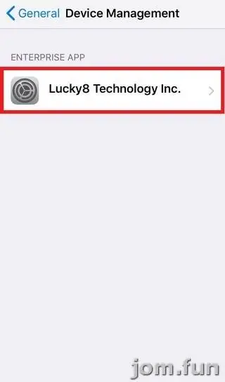 Device Management screen with the Enterprise App entry Lucky8 Technology Inc. outlined in red