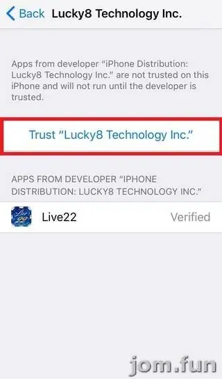 Developer page with a red-outlined Trust Lucky8 Technology Inc. link and Live22 listed below as Verified