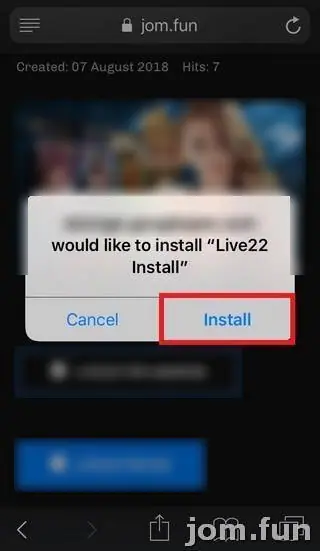 Safari prompt asking to install Live22 Install from a Google cloud storage address, with the Install button outlined in red