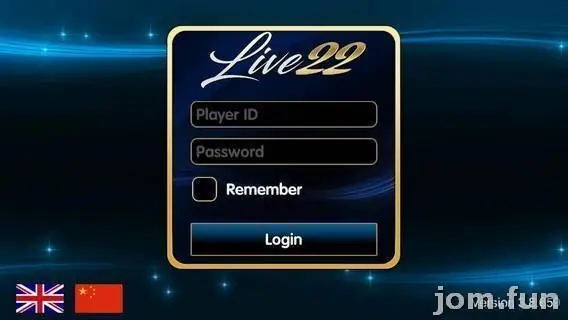 Live22 login screen with a gold-framed Live22 logo, Player ID and Password fields, a Remember tick box and a blue Login button on a dark blue background