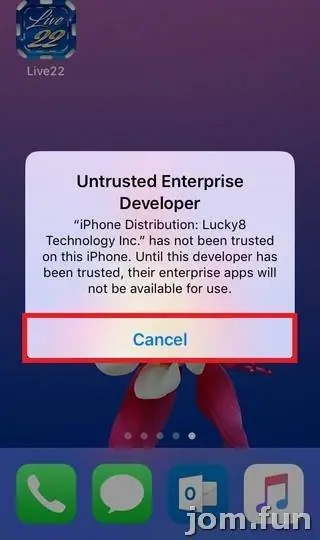 Untrusted Enterprise Developer pop-up naming iPhone Distribution: Lucky8 Technology Inc., Cancel button outlined in red