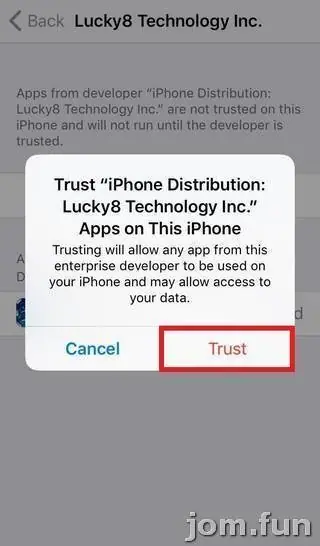 Confirmation pop-up to trust iPhone Distribution: Lucky8 Technology Inc. apps on this iPhone, Trust outlined in red