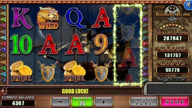 Treasure Island with reel 5 still spinning inside a lightning border, GOOD LUCK! in the message bar and a pink STOP button