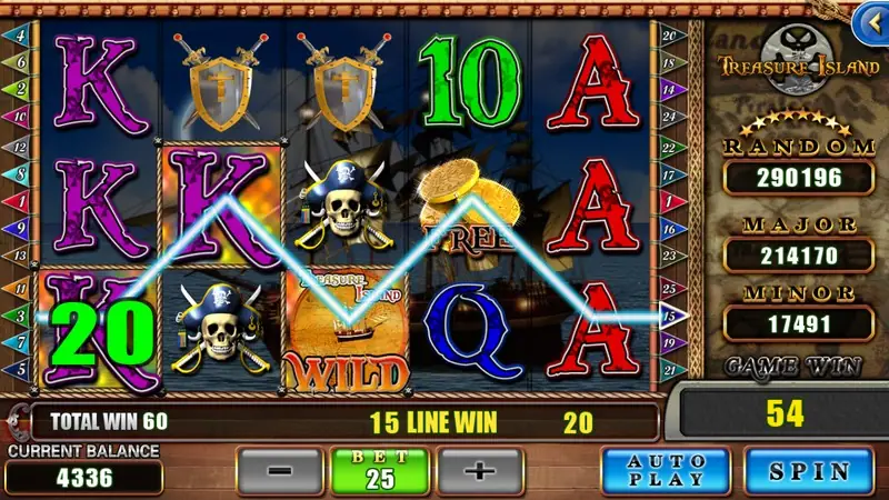 Treasure Island line 15 win of 20: a zigzag line through purple Ks with a treasure map WILD, TOTAL WIN 60