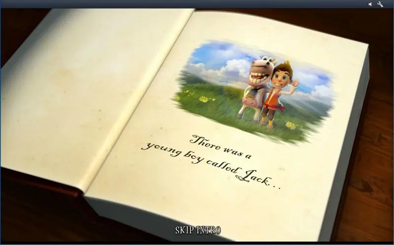 Storybook intro to Bounty of the Beanstalk showing Jack and a cow with the line There was a young boy called Jack