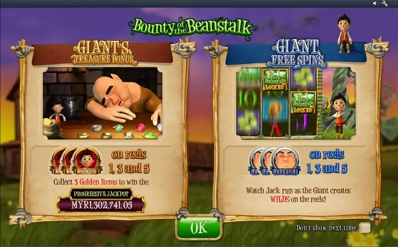 Feature card with Giant's Treasure Bonus on the left and Giant Free Spins on the right, an OK button at the bottom