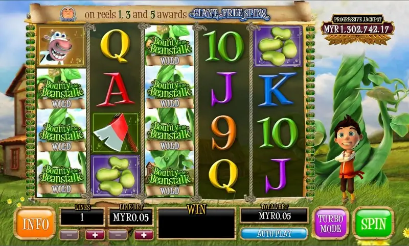 Bounty of the Beanstalk with stacked logo wilds filling reels one and three, the banner reading on reels 1, 3 and 5 awards Giant Free Spins
