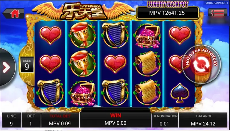 Fun Paradise slot on SKY777 with golden wings and the LUXURY JACKPOT box reading MPV 12641.25, reels of red hearts, harps, golden goblets, treasure chests and scrolls, 9 lines