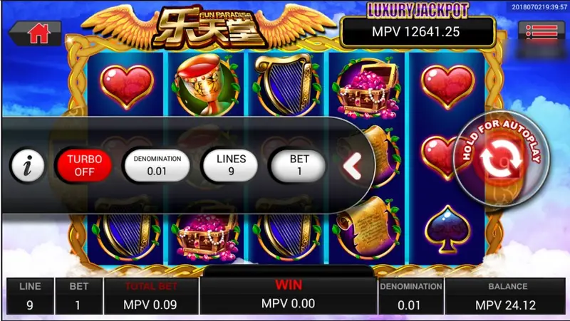 Fun Paradise with the side menu open: TURBO OFF, DENOMINATION 0.01, LINES 9, BET 1