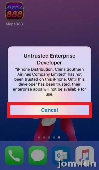 Untrusted Enterprise Developer pop-up naming iPhone Distribution: China Southern Airlines Company Limited, Cancel outlined in red, Mega888 icon top-left