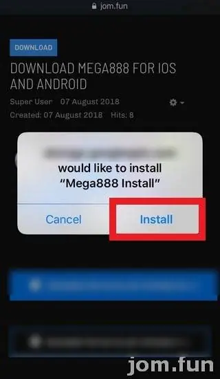 Safari prompt asking to install Mega888 Install from a Google cloud storage address, with the Install button outlined in red