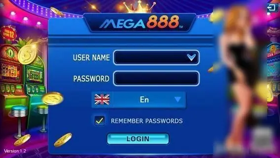 Mega888 login screen with User Name and Password fields, an En language picker, a Remember Passwords tick box and a Login button, version 1.2