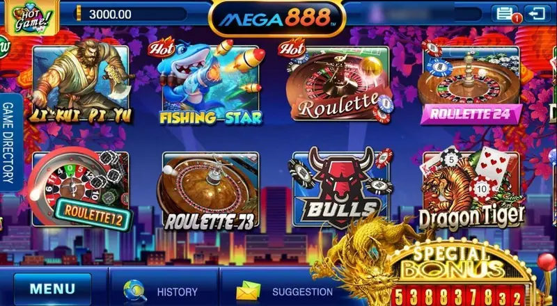 Mega888 lobby showing tiles for Li Kui Pi Yu, Fishing Star, Roulette, Roulette 24, Roulette 12, Roulette 73, Bulls and Dragon Tiger, with a gold dragon and Special Bonus counter