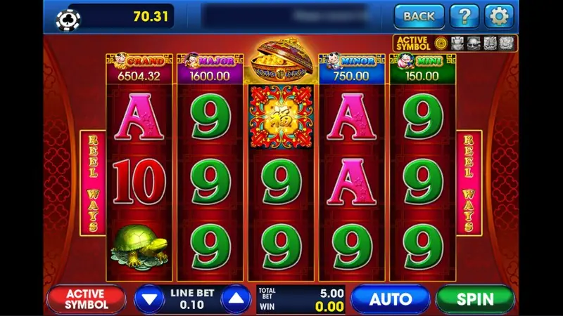88 Fortunes reels in red and gold with GRAND 6504.32, MAJOR 1600.00, MINOR 750.00 and MINI 150.00 boxes, a treasure bowl of coins in the middle, a red 福 wild on reel 3 and a gold turtle on reel 1, LINE BET 0.10 and TOTAL BET 5.00