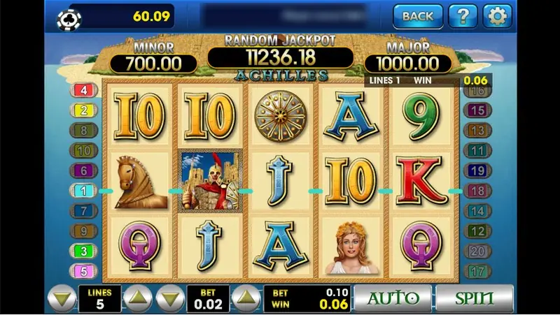 Achilles on 5 lines at 0.02 with a win of 0.06 on line 1, where a wooden horse on reel 1 and Achilles on reel 2 line up, plus Helen, a shield, 10s and Qs on the reels
