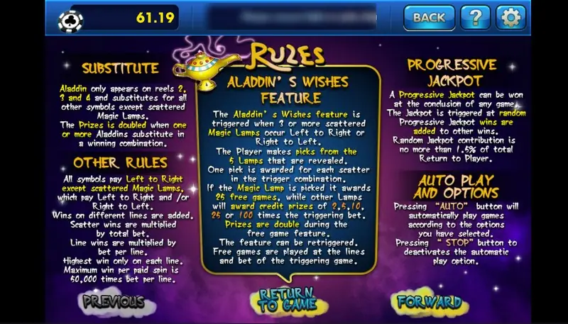 Aladdin's Wishes rules page: the Aladdin substitute, Other Rules, the Aladdin's Wishes Feature with its five-lamp pick, the Progressive Jackpot box and Auto Play and Options