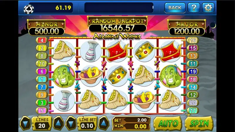 Aladdin's Wishes reels with a green genie, a red magic carpet, a gold crown, a vase, a fruit bowl and sacks of gold coins, MINOR 500.00, RANDOM JACKPOT 16546.57 and MAJOR 1200.00, LINES 20 and LINE BET 0.10