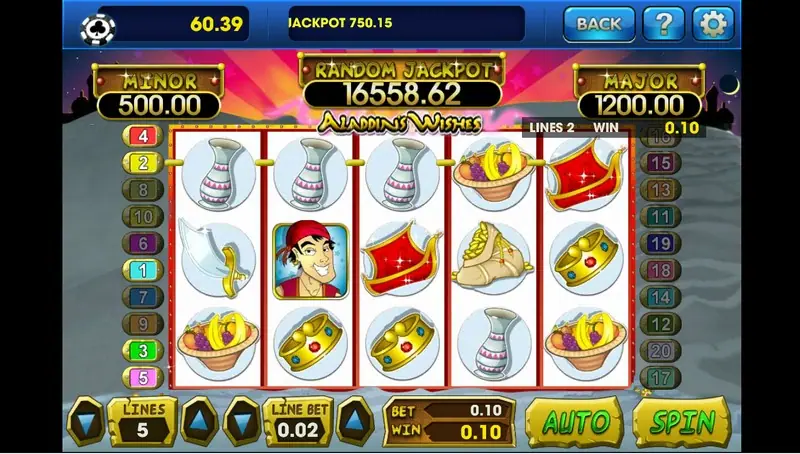 Aladdin's Wishes with three vases in a row on line 2 paying 0.10, Aladdin on reel 2, a scimitar, crowns and a fruit bowl, LINES 5 and LINE BET 0.02
