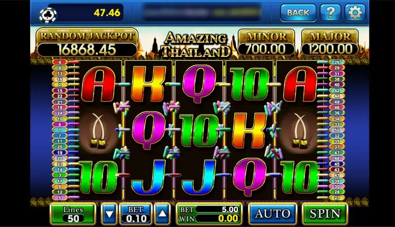Amazing Thailand reels with red, orange, purple and green card symbols and two pairs of elephant tusks, a Thai temple skyline behind the logo, RANDOM JACKPOT 16868.45, MINOR 700.00, MAJOR 1200.00, Lines 50 and BET 0.10