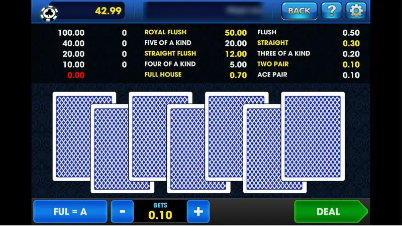 Bola Tangkas before the deal: seven face-down blue cards, the paytable listing Royal Flush 50.00, Five of a Kind 20.00, Straight Flush 12.00, Four of a Kind 5.00, Full House 0.70, Flush 0.50, Straight 0.30, Three of a Kind 0.20, Two Pair 0.10 and Ace Pair 0.10, BETS 0.10 and DEAL