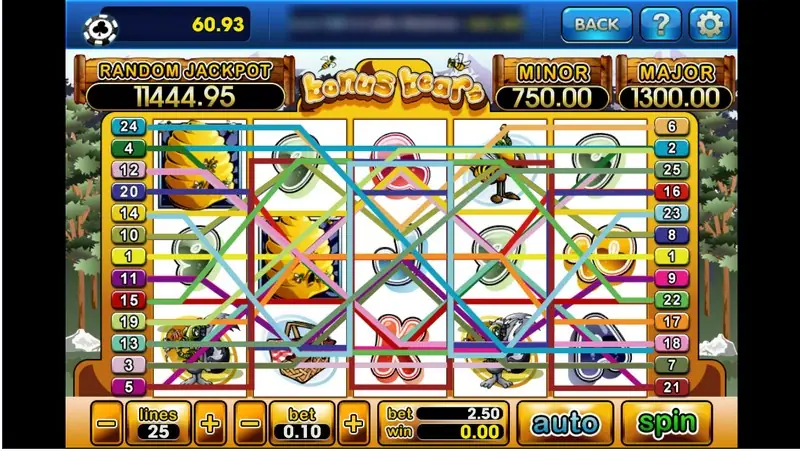 Bonus Bears with 25 paylines drawn over the reels, two beehives on reels 1 and 2, RANDOM JACKPOT 11444.95, MINOR 750.00 and MAJOR 1300.00, lines 25 and bet 0.10 for a total of 2.50