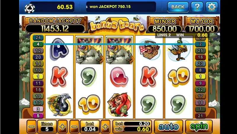 Bonus Bears reels with two grizzly bear wilds on reels 2 and 3, a picnic basket and a bee on the top row paying 0.60 on line 4, a skunk and a red-haired ranger below, lines 5 and bet 0.04