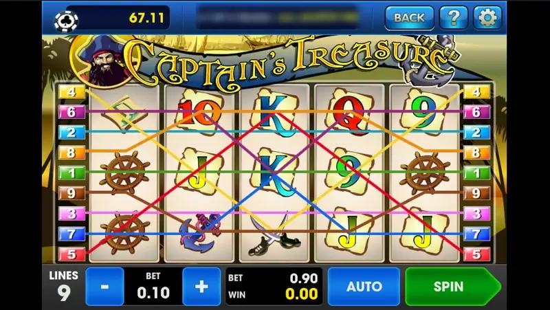 Captain's Treasure with all 9 paylines drawn over the reels, ship's wheels, anchors and crossed swords among the cards, LINES 9, BET 0.10 and a total of 0.90