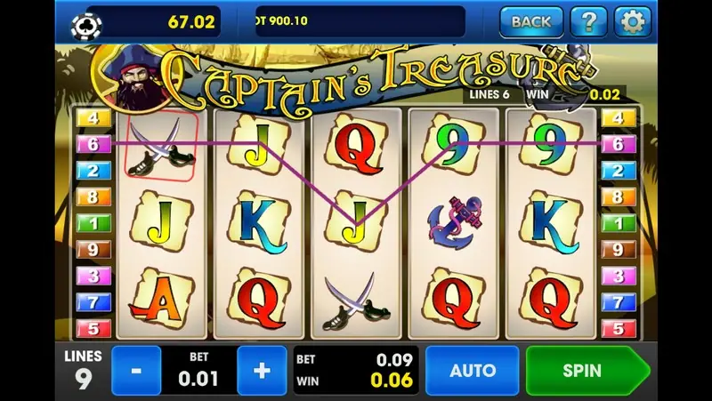 Captain's Treasure reels on old parchment tiles with crossed swords, an anchor, J, Q, K, A and 9 symbols, a win of 0.06 and a single sword highlighted on line 6, LINES 9 and BET 0.01