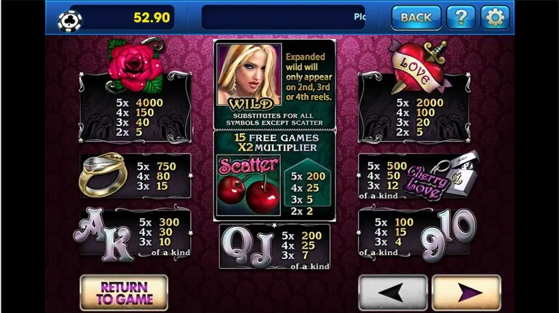 Cherry Love paytable: expanded WILD on reels 2 to 4, cherry Scatter with 15 free games and x2 multiplier paying 200, 25, 5 and 2, and pays for the rose, LOVE heart, ring, keyring and card symbols