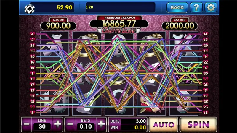 Cherry Love with all 30 paylines drawn over the reels, MINOR 900.00, RAMDOM JACKPOT 16865.77 and MAJOR 2000.00, LINE 30, BETS 0.10 and a total of 3.00