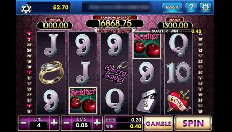 Cherry Love reels on a purple damask background with two cherry Scatter symbols, a gold ring, a Cherry Love keyring, a lighter and a LOVE heart tattoo, SCATTER WIN 0.40, LINE 4 and BETS 0.05