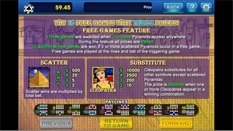Cleopatra's Gold rules page: 'Win 15 free games with triple prizes', the pyramid scatter paying 500, 20, 5 and 2, Cleopatra paying 10000, 2500, 200 and 10, and the 20 payline diagrams