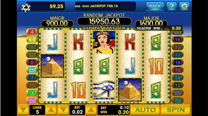 Cleopatra's Gold with two pyramid scatters on reels 1 and 4, Cleopatra and an Eye of Horus on reel 3, SCATTER WIN 0.20, LINES 5 and BET 0.02