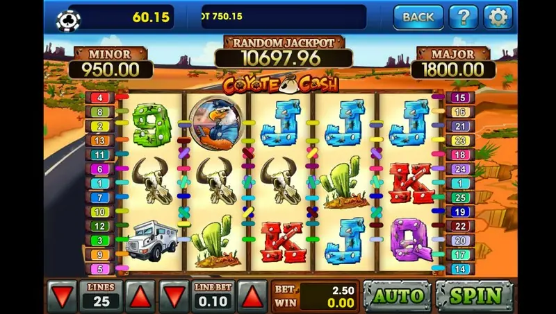 Coyote Cash reels beside a desert highway with a police eagle, cow skulls, cacti, an armoured van and battered J, K, Q and 9 symbols, RANDOM JACKPOT 10697.96, LINES 25 and LINE BET 0.10