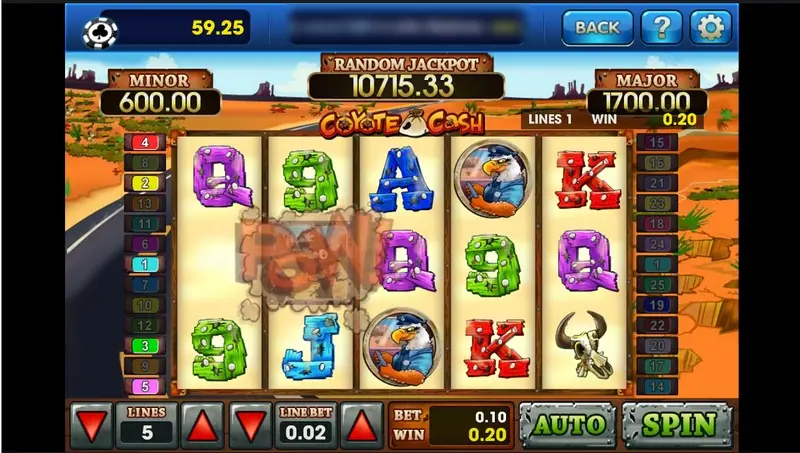 Coyote Cash on 5 lines at 0.02, a dust cloud with the word POW over reels 1 and 2 and WIN 0.20, with eagles, Qs and a K on the reels