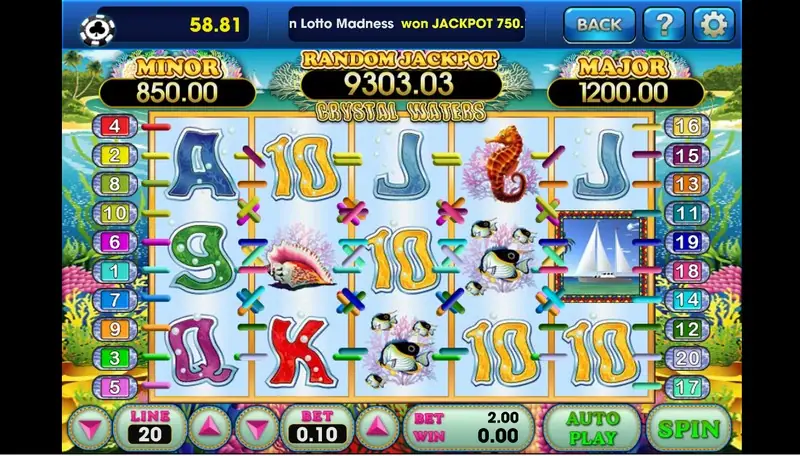 Crystal Waters reels with a seahorse, a conch shell, striped fish and a yacht scatter over a coral background, MINOR 850.00, RANDOM JACKPOT 9303.03 and MAJOR 1200.00, LINE 20 and BET 0.10