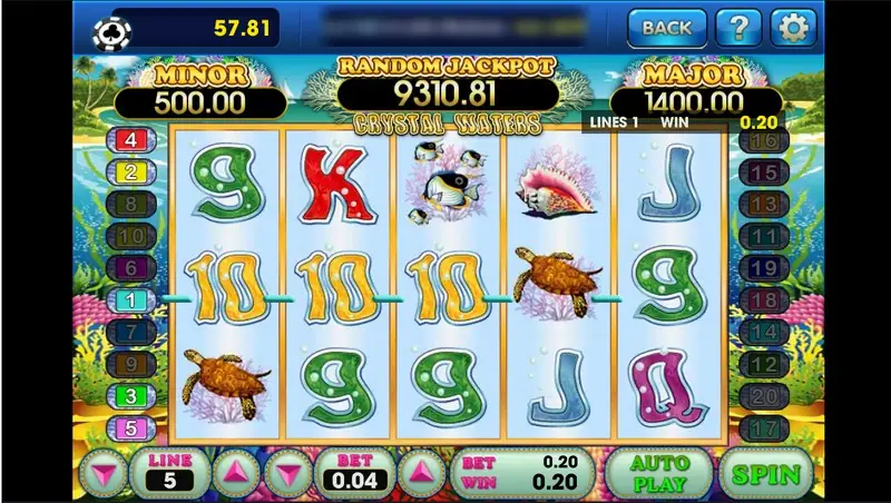 Crystal Waters with three gold 10s on line 1 paying 0.20, two turtles and a conch shell on the reels, LINE 5 and BET 0.04