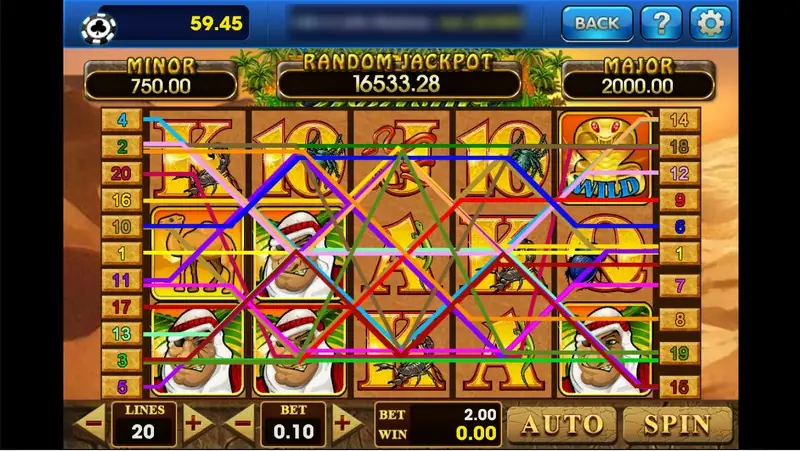 Desert Treasure with all 20 paylines drawn in coloured lines over the reels, MINOR 750.00, RANDOM JACKPOT 16533.28 and MAJOR 2000.00, LINES 20 and BET 0.10