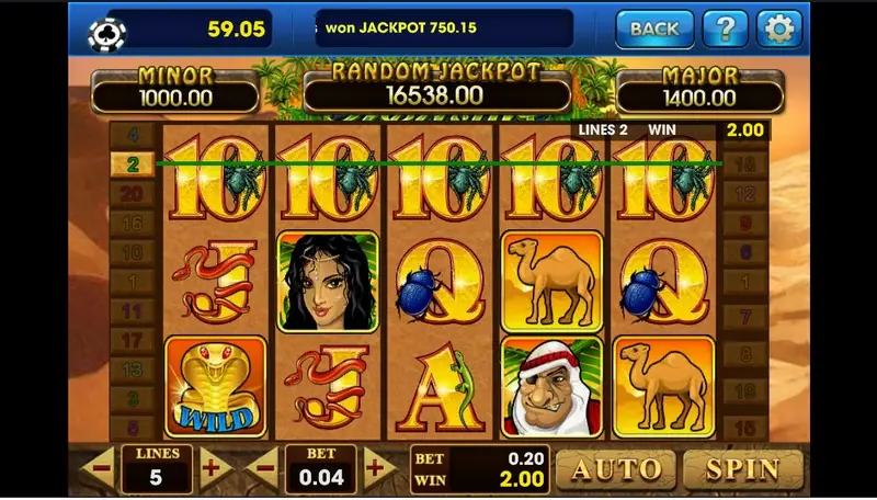 Desert Treasure with five gold 10 symbols on line 2 paying 2.00, a scatter woman, camels, a cobra WILD and scarab-marked Q and J symbols, LINES 5 and BET 0.04