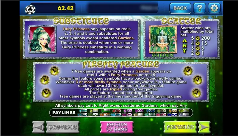 Enchanted Garden rules screen with the Fairy Princess substitute box, the Garden scatter paying 200, 15, 5 and 1, and the Firefly Feature text