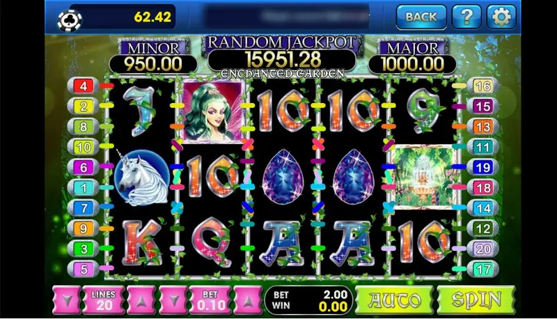 Enchanted Garden reels with a green-haired Fairy Princess, a unicorn, blue gems and a Garden fountain, MINOR 950.00, RANDOM JACKPOT 15951.28 and MAJOR 1000.00 on top, LINES 20 and BET 0.10 below