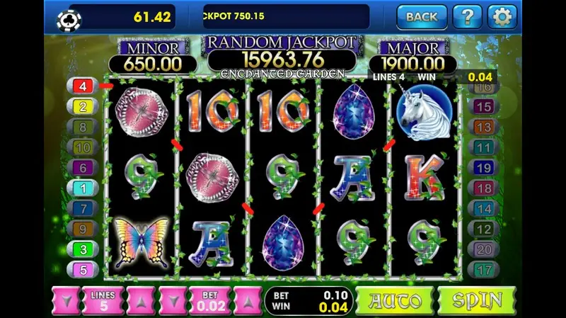 Enchanted Garden on 5 lines at 0.02 each, a small 0.04 win on line 4, with butterflies, unicorn and pink jewels on the reels