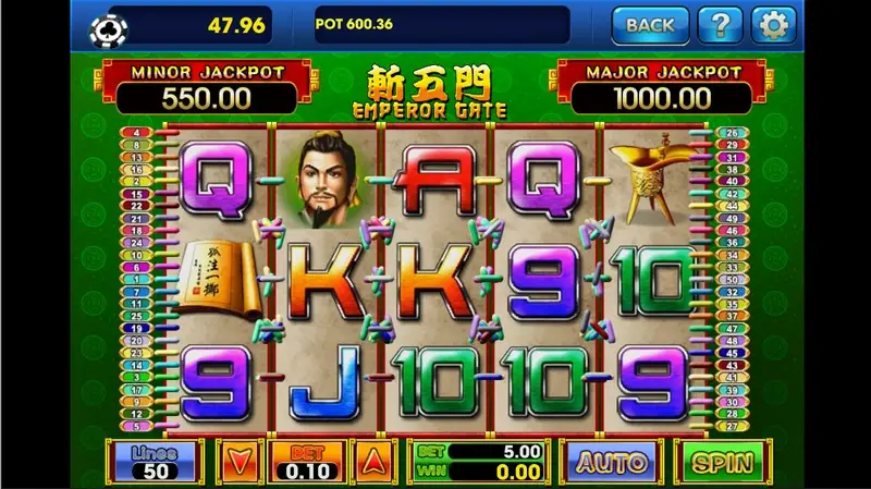 Emperor Gate reels with a general portrait, a gold ritual cup, a scroll and card symbols, MINOR JACKPOT 550.00 and MAJOR JACKPOT 1000.00 on top, Lines 50 and BET 0.10 at the bottom