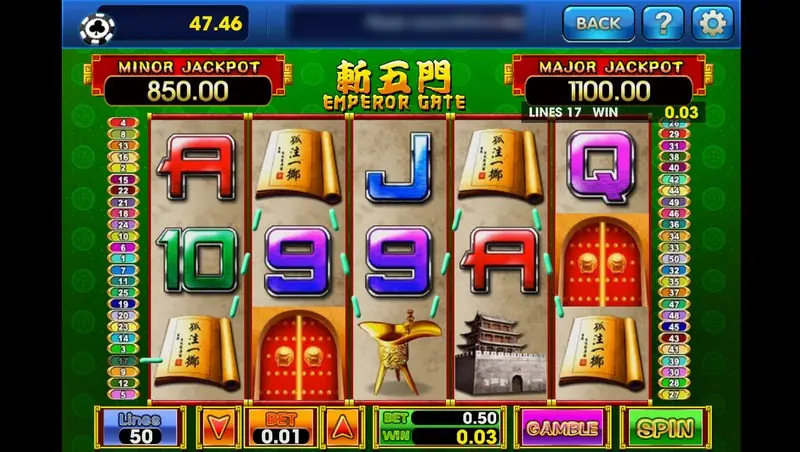 Emperor Gate after a 0.03 win on line 17 with red doors, scrolls and a fortress tower on the reels and a GAMBLE button where AUTO usually sits