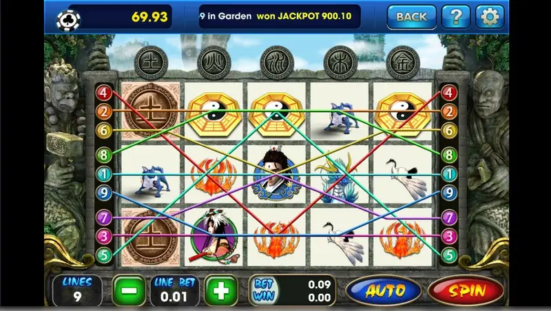 Fong Shen reels between two stone guardian statues, with bagua wilds, earth element coins, a blue dragon, phoenix flames, cranes and character portraits, nine paylines drawn, LINES 9 and LINE BET 0.01