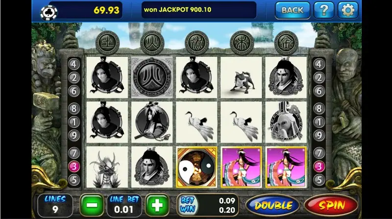 Fong Shen after a 0.20 win: most tiles greyed out, a yin-yang on reel 3 and two animated purple-and-pink character tiles on reels 4 and 5 lit up, with the DOUBLE button showing